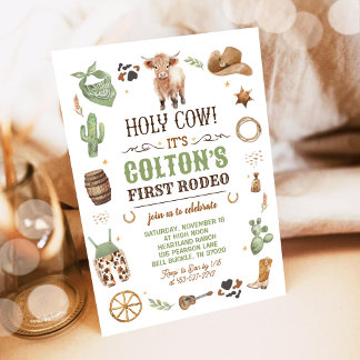 Cowboy 1st Rodeo Highland Cow Theme Birthday Party Invitation