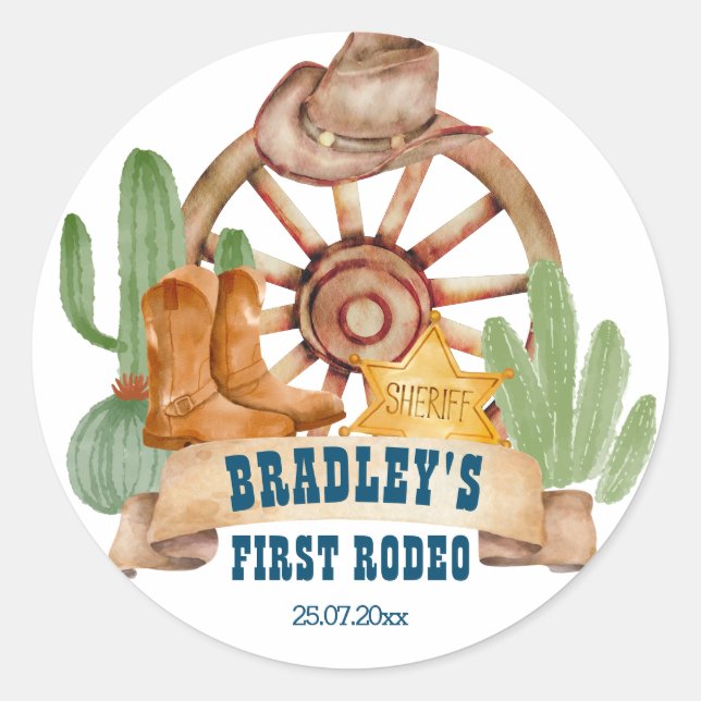 Cowboy 1st rodeo horses farm party personalized classic round sticker (Front)