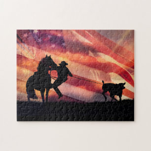 Cowboy American Flag and Steer Roping Jigsaw Puzzle