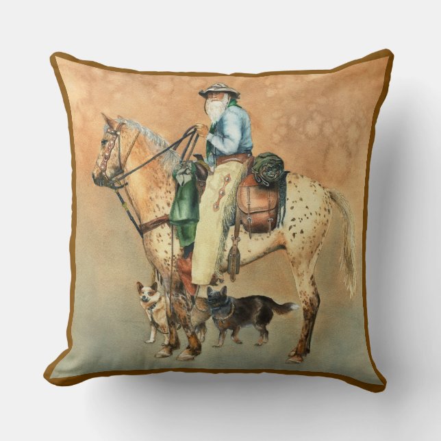 Cowboy and Appaloosa Horse with Dogies Throw Pillow (Front)