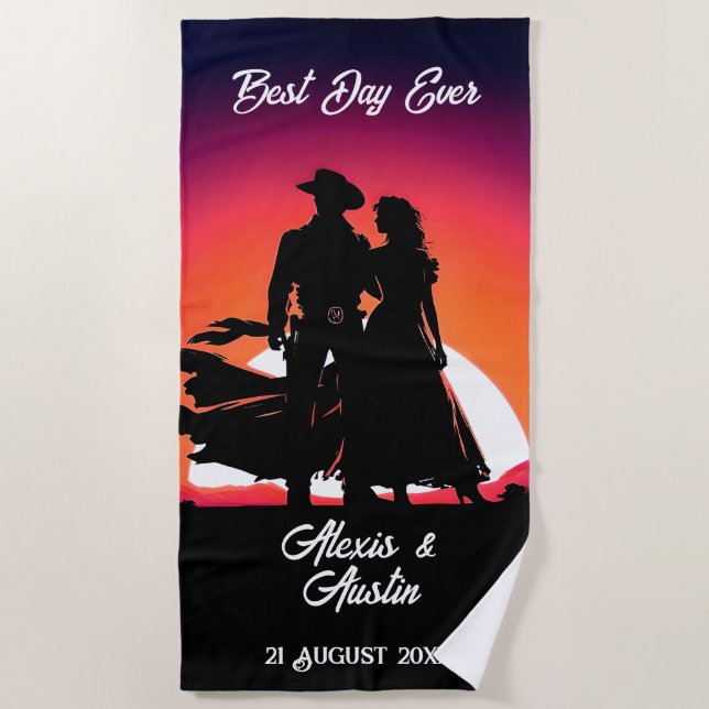 Cowboy and Bride at Sundown Wedding  Beach Towel (Front)