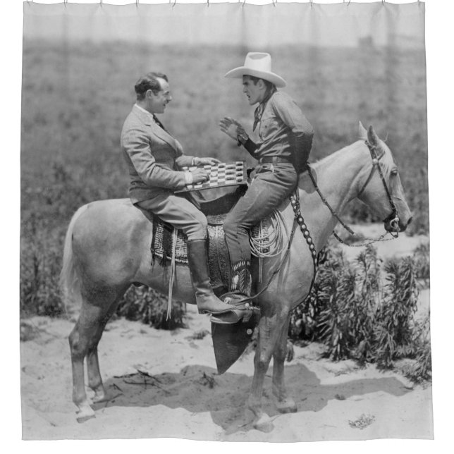 Cowboy and businessman playing checkers on horseba (Front)