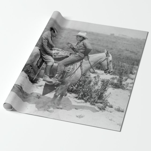 Cowboy and businessman playing checkers on horseba wrapping paper (Unrolled)