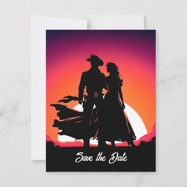 Cowboy and Cowgirl at Sunset Save the Date Invitation (Front)