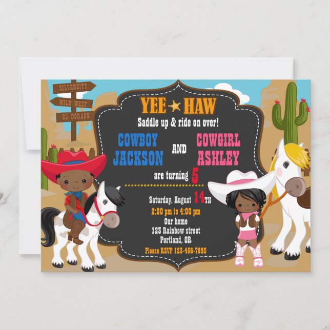 Cowboy and Cowgirl birthday invitation Wild west (Front)