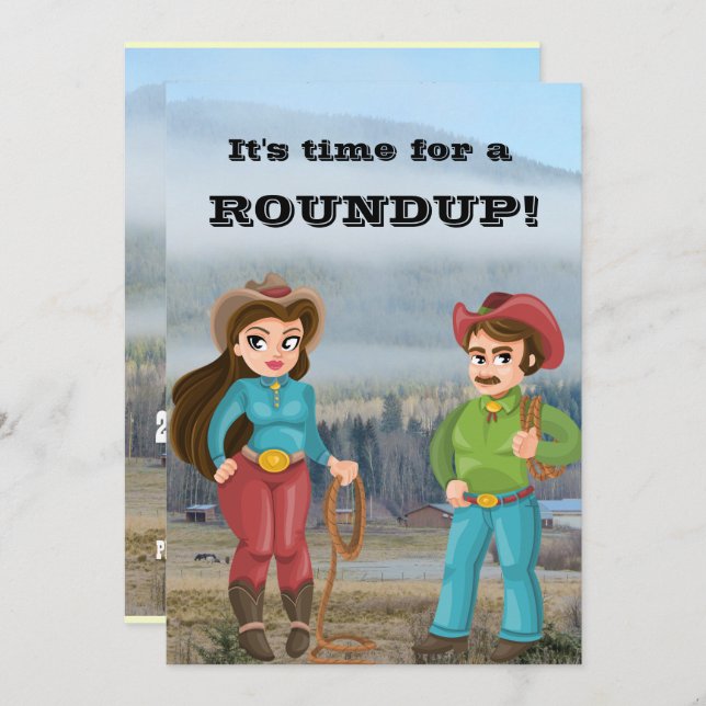 Cowboy and cowgirl party roundup invitation (Front/Back)