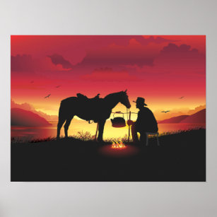Cowboy and Horse at Sunset Poster