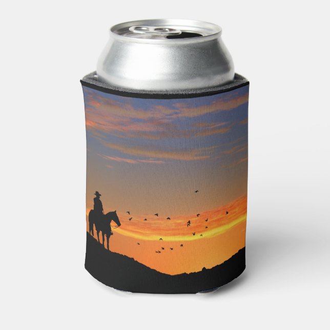 Cowboy and Horse in Sunset Can Cooler Cozy Cup (Can Back)