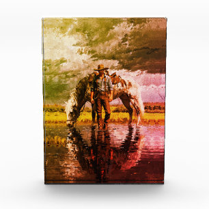 Cowboy and Horse Reflection Wall Art – Western Photo Block