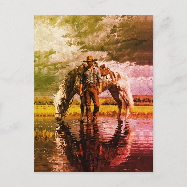 Cowboy and Horse Reflection Wall Art – Western Postcard (Front)