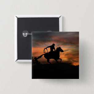 Cowboy and Horse Running In Sunset 2 Inch Square Button