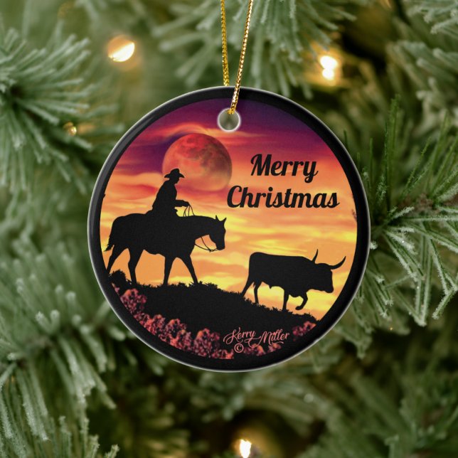 Cowboy And Longhorn Steer Ceramic Ornament (Tree)