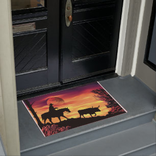 Cowboy And Longhorn Steer Doormat