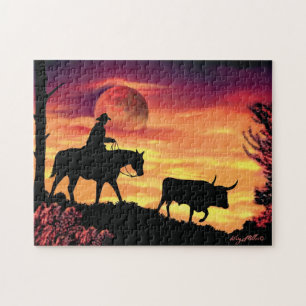 Cowboy And Longhorn Steer Jigsaw Puzzle