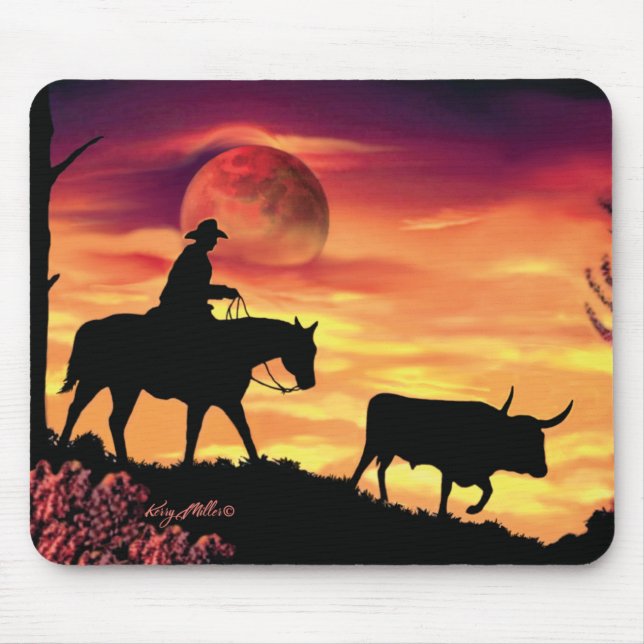 Cowboy And Longhorn Steer Mouse Pad (Front)
