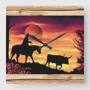 Cowboy And Longhorn Steer Square Wall Clock