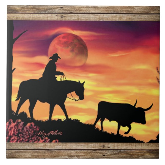 Cowboy And Longhorn Steer Tile (Front)
