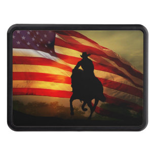 Cowboy and running Horse with Flag Trailer Hitch Cover