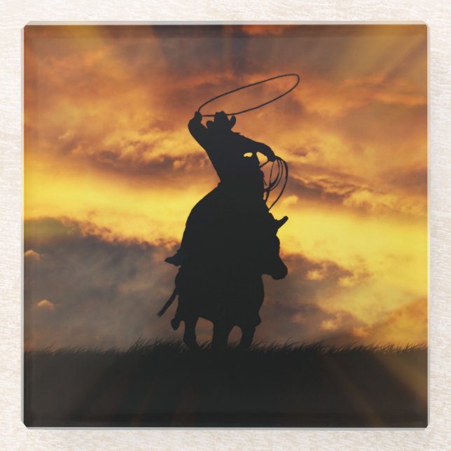 Cowboy and Steer Roping in Sunset Glass Coaster (Front)