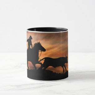 Cowboy and Steer Roping in the Sunset Mug
