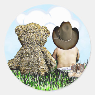Cowboy and Teddy Bear Baby Boy Classic Round Sticker