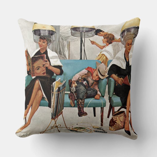 Cowboy Asleep in Beauty Salon Throw Pillow (Front)