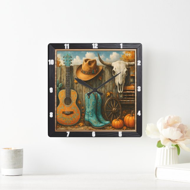 Cowboy Autumn Rodeo Ranch  Square Wall Clock (Home)