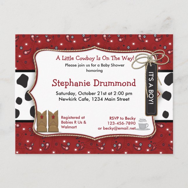 Cowboy Baby Shower Invitation in Red Bandana Postcard (Front)