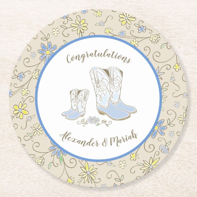 Cowboy Baby Shower Round Paper Coaster (Front)