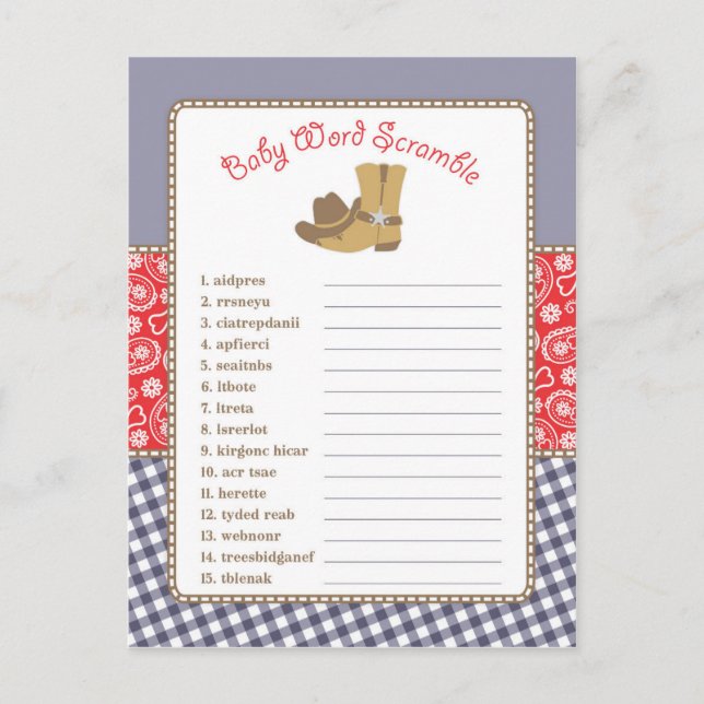 Cowboy Baby Shower Word Scramble Game Invitation Postcard (Front)