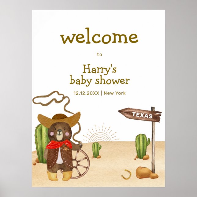 Cowboy Bear Western Cactus Baby Shower Welcome  Poster (Front)