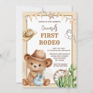 Cowboy Bear Western First Rodeo Birthday Invitation