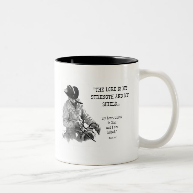 COWBOY: BIBLE: STRENTGH, SHIELD: PENCIL REALISM Two-Tone COFFEE MUG (Right)