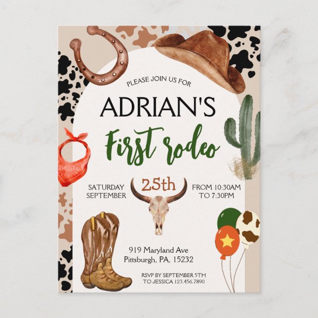 Cowboy Birthday 1st Rodeo Birthday Party Postcard (Front)