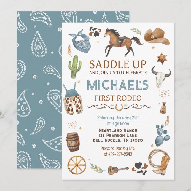 Cowboy Birthday Blue 1st Rodeo Party Invitation (Front/Back)