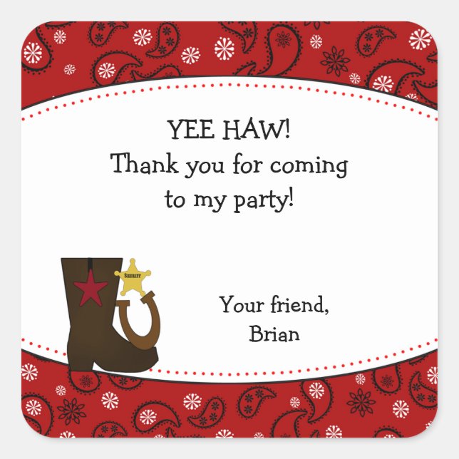 Cowboy Birthday Party Favour Sticker Red Paisley (Front)