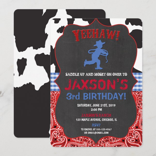 Cowboy bleu rouge noir garçon invitations d'annive (Devant / Derrière)