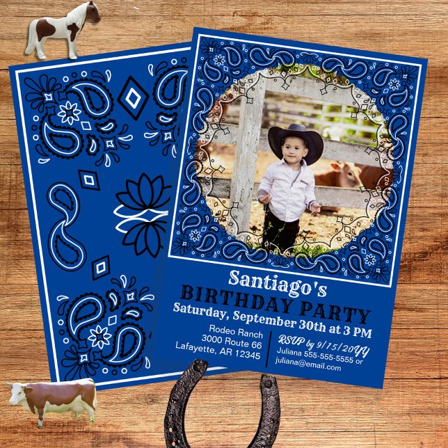 Cowboy Blue Bandana Photo Birthday Invitation (For your cowboy or cowgirl theme birthday a unique blue western bandana style photo invite.)