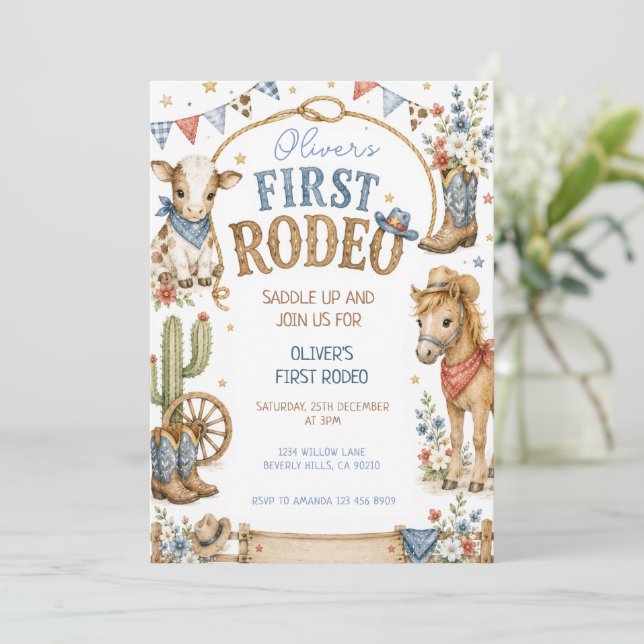 Cowboy Blue First Rodeo Birthday Invitation (Standing Front)