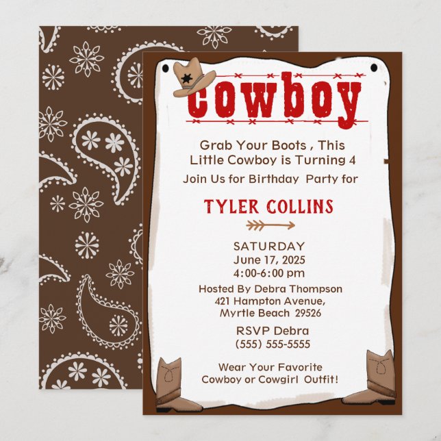 Cowboy Boot and Casquette Birthday Invitation (Devant / Derrière)