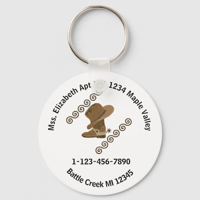 Cowboy Boot and Hat Off Home Contact Info Keychain (Front)