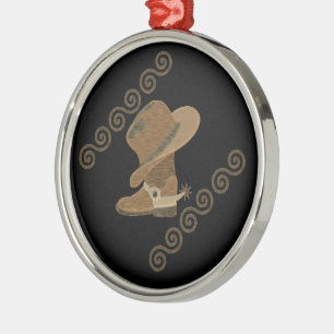 Cowboy Boot and Hat Off Wooden Inlay Metal Ornament