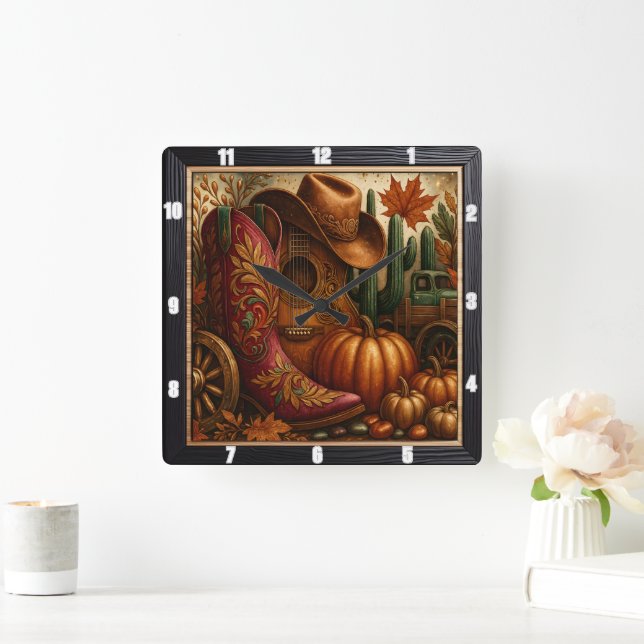 Cowboy Boot Autumn Western Square Wall Clock (Home)