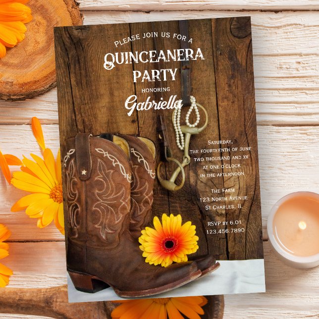 Cowboy Boot Daisy Country Western Quinceanera Invitation (Creator Uploaded)