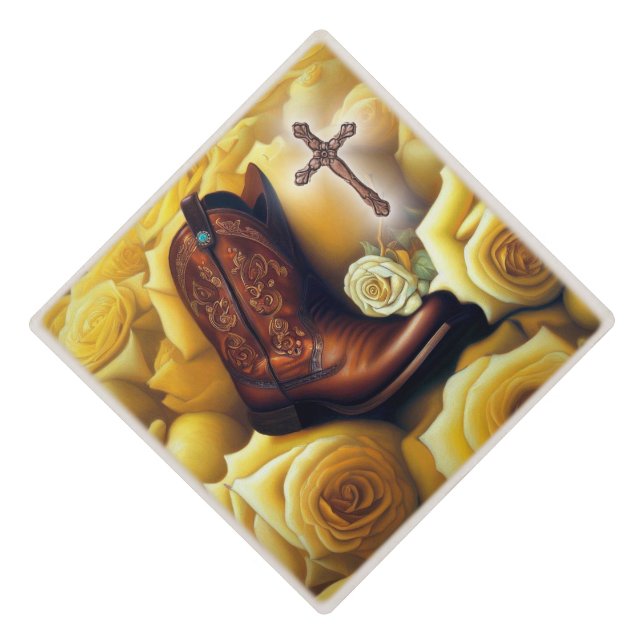 Cowboy Boot in Yellow Roses Graduation Cap Topper (Front)