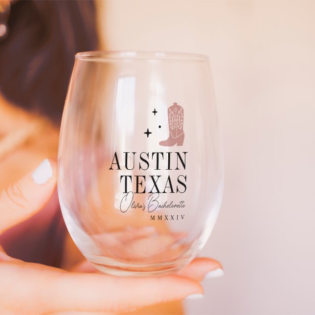 Cowboy Boot Personalized Bachelorette Party Stemless Wine Glass (Creator Uploaded)