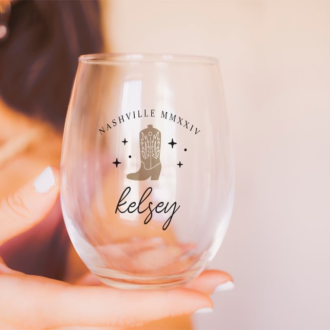 Cowboy Boot Personalized Bachelorette Party Stemless Wine Glass (Creator Uploaded)