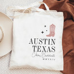 Cowboy Boot Personalized Bachelorette Party Tote Bag<br><div class="desc">Welcome friends to your bachelorette party or girls weekend with these cute personalized tote bags. Design features a dusty rose pink cowboy boot flanked by tiny stars, with your destination (shown with Austin, Texas) aligned at the right in classic serif lettering. Add your name or event name beneath in handwritten...</div>