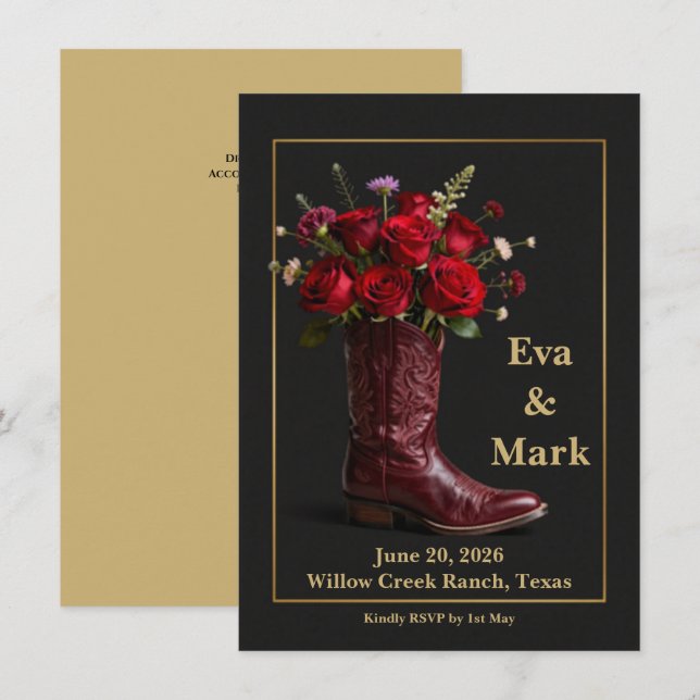 Cowboy Boot Red Roses Wedding Invitation | Country (Front/Back)