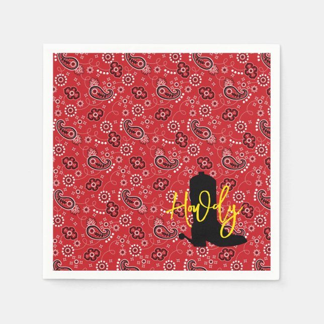 Cowboy Boot Spurs Silhouette HOWDY red bandana Napkin (Front)